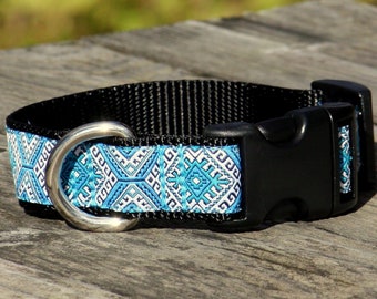 Collar ajustable para perro en jacquard azul Persia / Tallas extrapequeña, pequeña, mediana, grande y extragrande / Fabricado en Japón