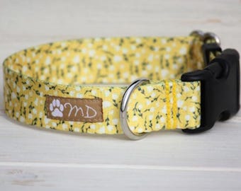 May include: A yellow pet collar featuring a repeating white floral pattern with green stems. The collar includes a black plastic side-release buckle, a silver metal D-ring, and a brown rectangular fabric tag with a white paw print and the letters MD.