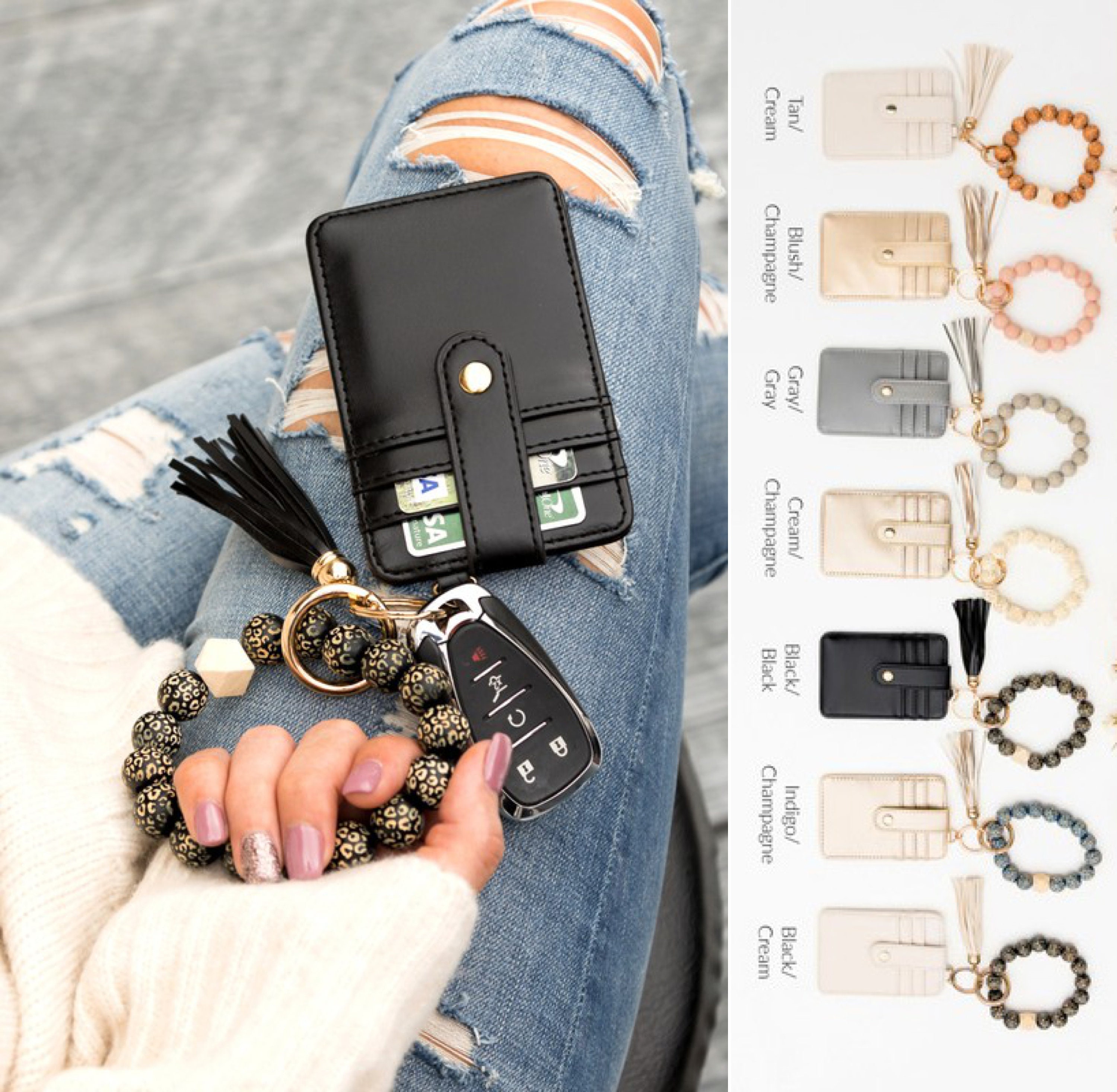 Handlein Key Ring Bracelet ，Mini Keychain Bracelet for Women，Key Rings for  Keychains Holder Car ID Badges Card Wallet Phone Camera.（Black Gold Marble）  at  Women's Clothing store