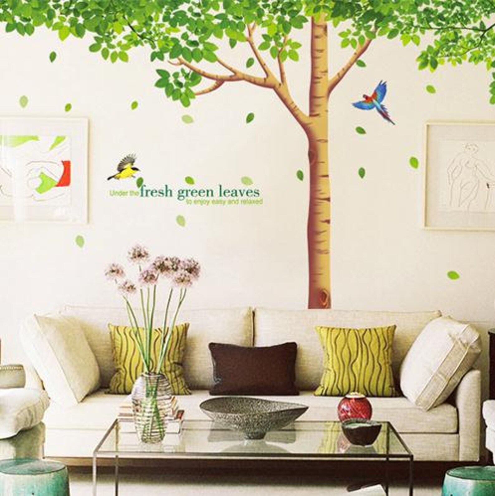 Super Big Fresh Green Leaves&tree Wall Decals Two Birds Vinyl Etsy