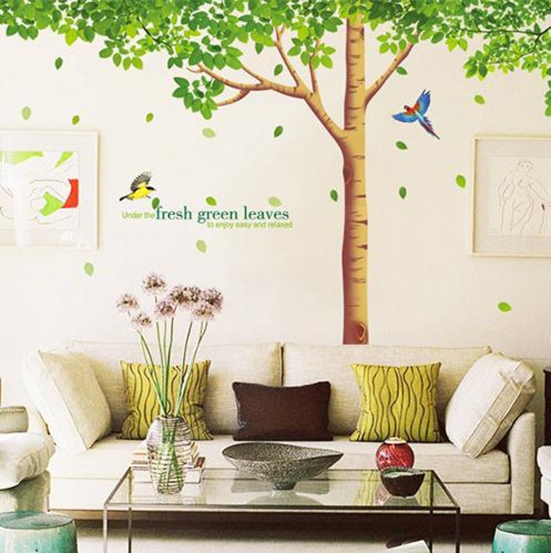 Super Big Fresh Green Leaves&tree Wall Decals Two Birds Vinyl Etsy