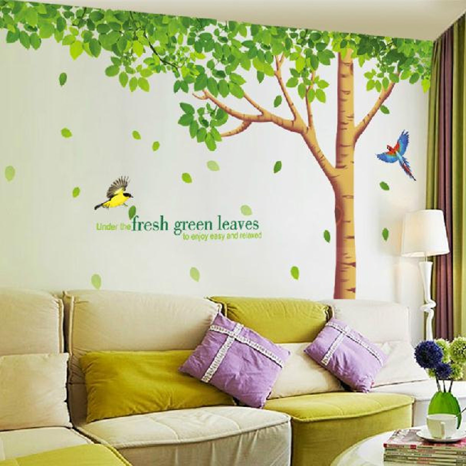Super Big Fresh Green Leaves&tree Wall Decals Two Birds Vinyl Etsy