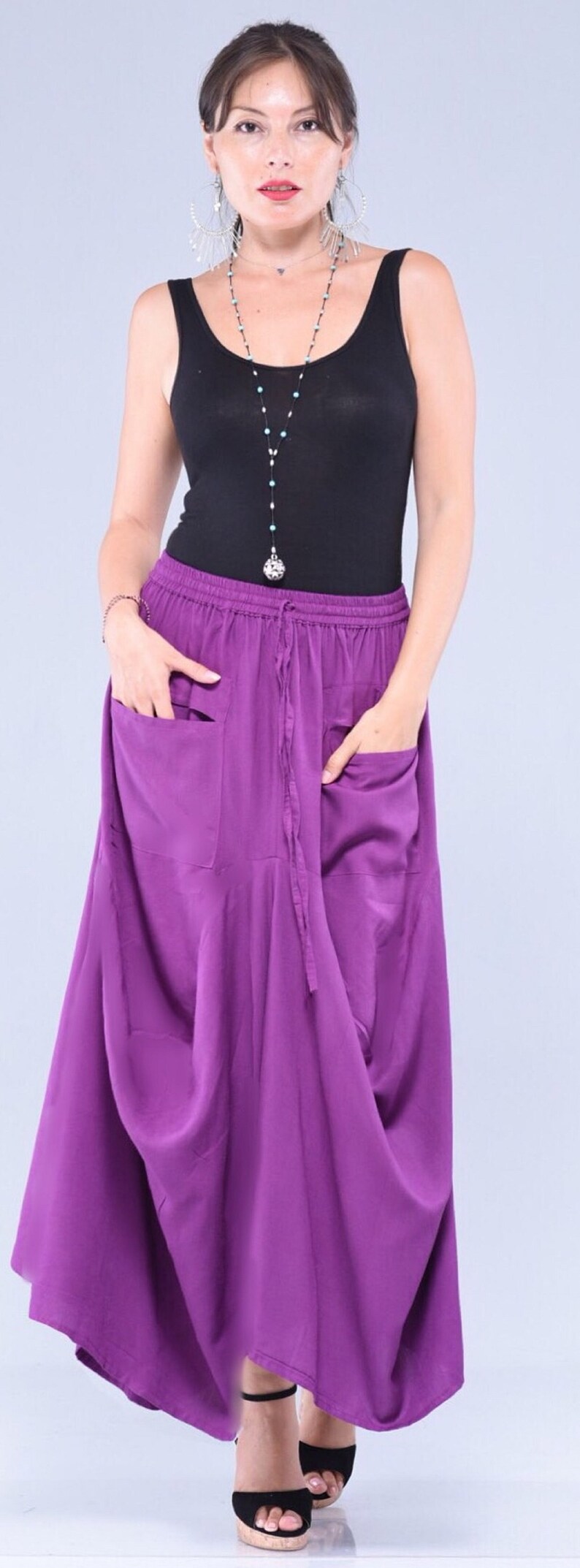 Boho Maxi Draping Skirt Pockets Elastic Waist Vogue Etsy