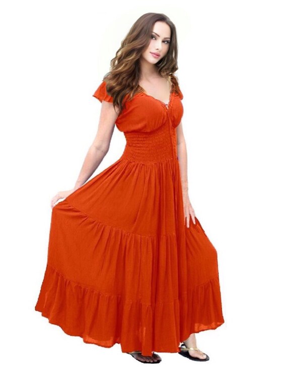 Smocked Maxi Dress Boho Ruffled Tiers 