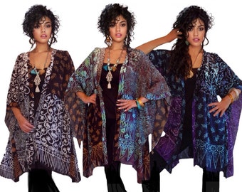 Womens Plum Cascading Patch Kimono Jacket Art to Wear Plus Size Womens Plum Cascading Patch Kimono Jacket Art to Wear Plus Size
