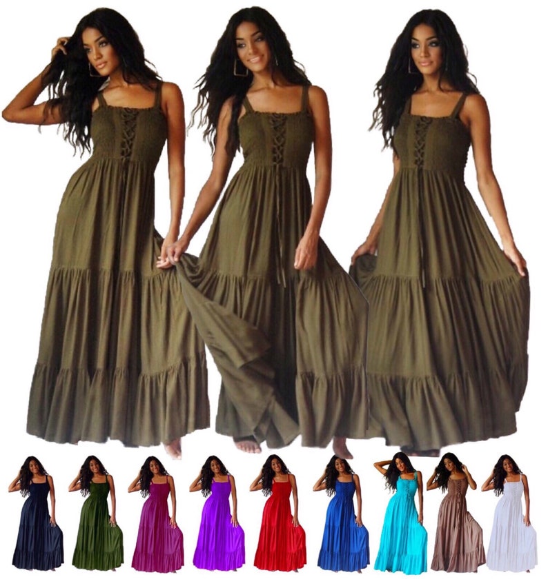 Boho Maxi Dress, with lace up bodice, Smocked Tiered Skirt, Sexy Women Fashion, LotusTraders B75100 