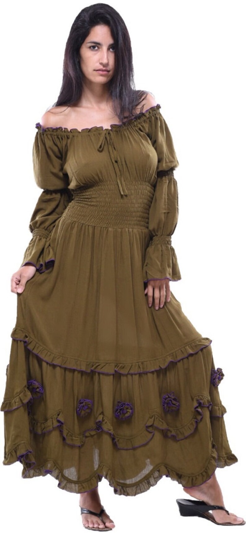 Boho Peasant Maxi Dress Long Sleeve Flower Bottom Crinkle Etsy