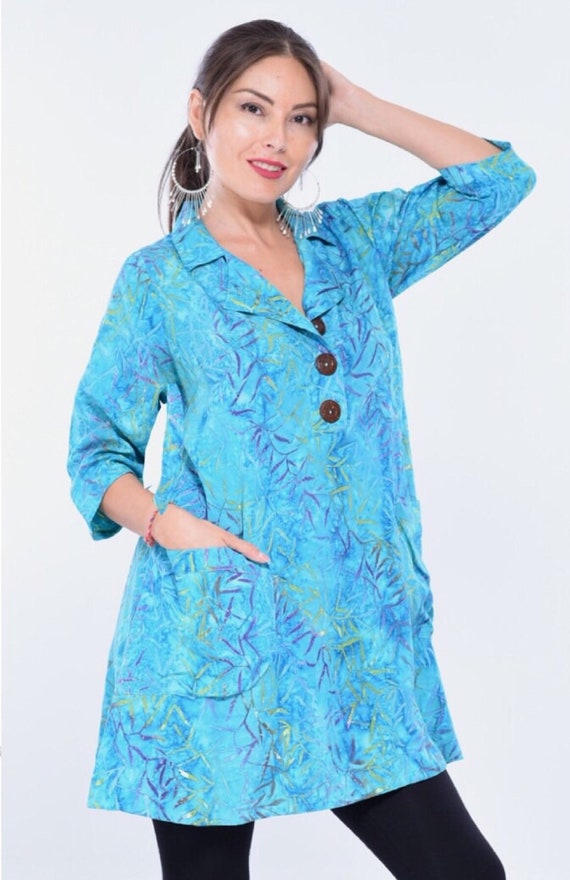 Suit Collar Pockets Bali Batik Boho Big Buttons Top Blouse LotusTraders A451