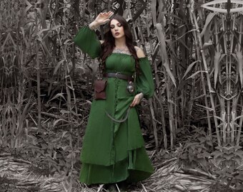 Green Dress, Pagan Witch, Maxi Dress, Goth, CottageCore, Fantasy gown, Layered Lace-up Detail, Fairy Dress, ForestWitch, C3770