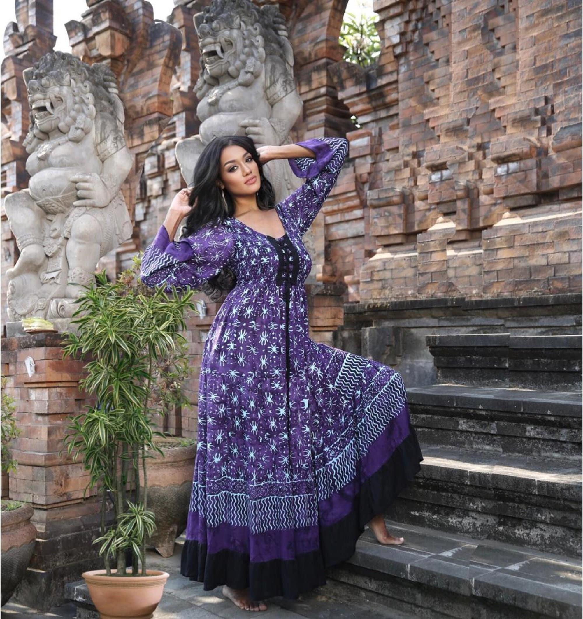 Buy Boho Maxi Dress Batik Empire Line Laced Long Sleeve Plus Online in  India - Etsy