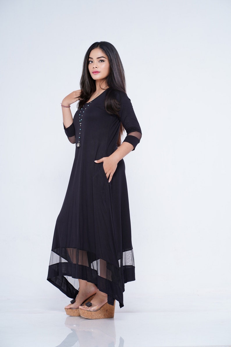 Wiccan Black Maxi Dress Scoop Neckline Asymmetrical Stretch - Etsy