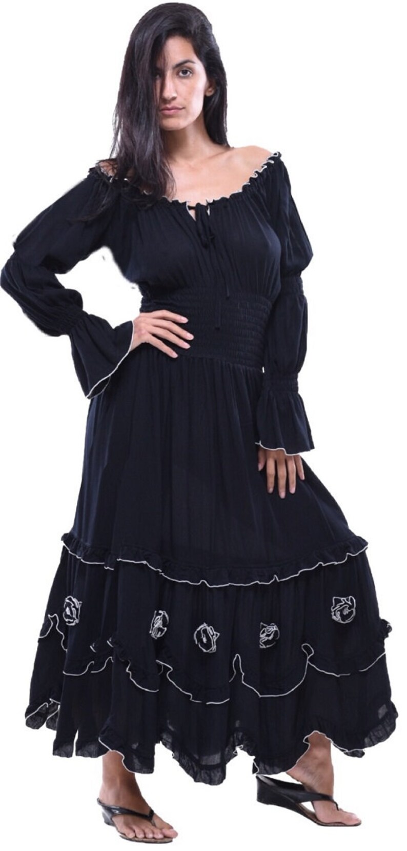 Boho Peasant Maxi Dress Long Sleeve Flower Bottom Crinkle Etsy