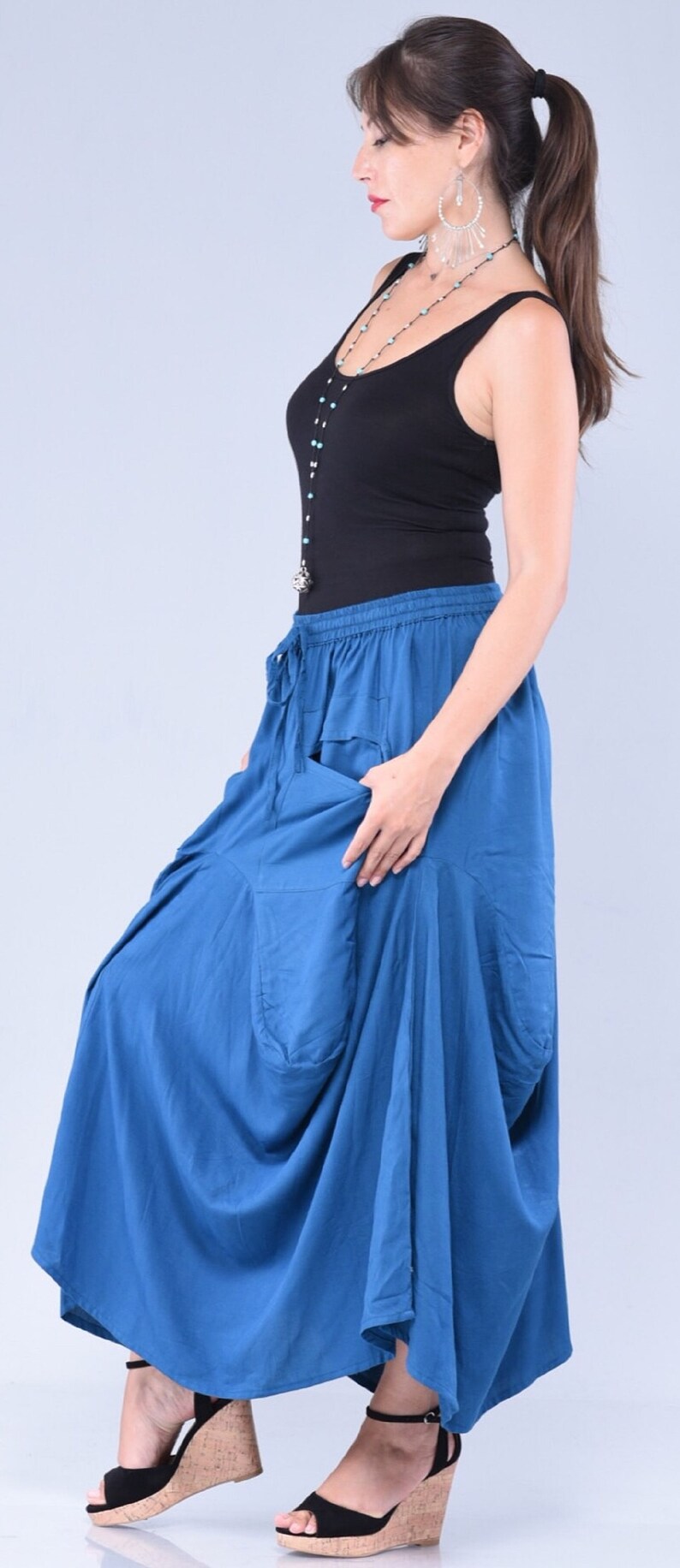 Boho Maxi Draping Skirt Pockets Elastic Waist Vogue Etsy