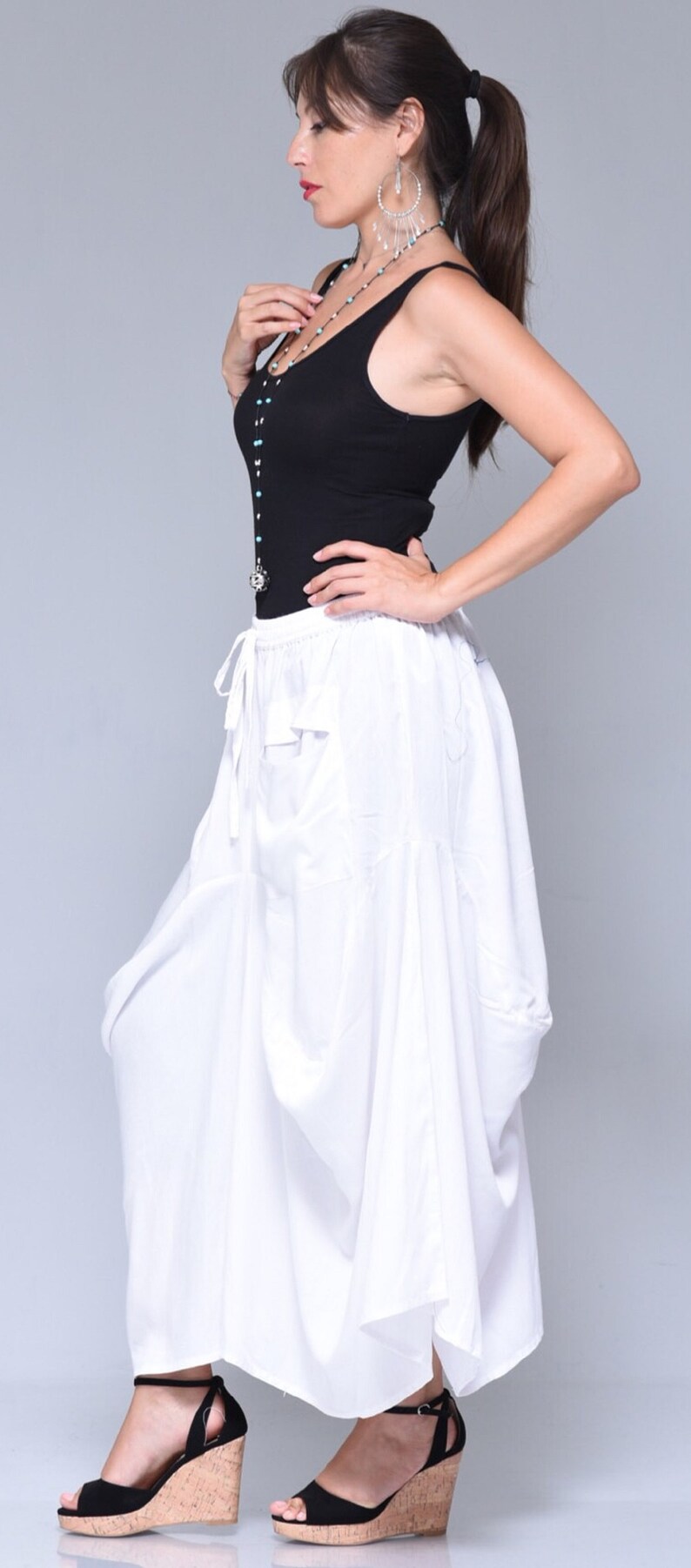 Boho Maxi Draping Skirt Pockets Elastic Waist Vogue Etsy