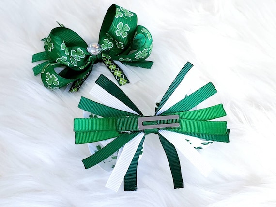 Shamrock Hair Bow Boutique Handmade Clip Green Polka Dot KISS Me I’m Irish