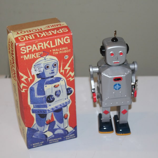 Funkelnder "Mike" Classic Wind Up Roboter Blechspielzeug mit Original Box von Schylling