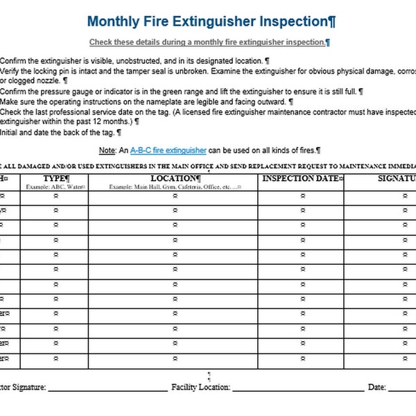 Monthly Fire Extinguishers Checklist and a Self-Inspection Checklist for Portable Fire Extinguishers Templates