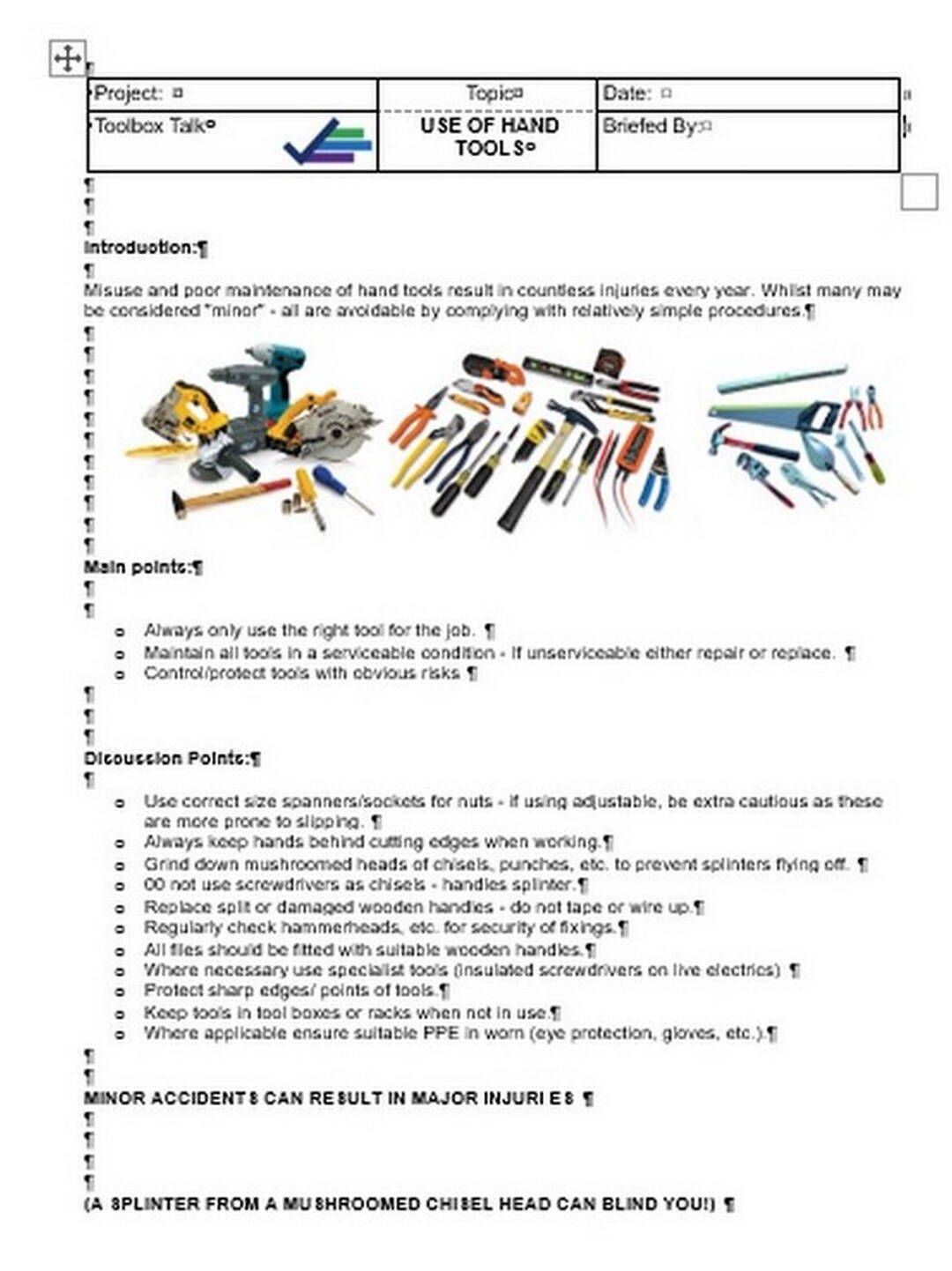 Toolbox Talk on Use of Hand Tools Etsy