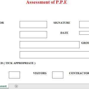 Puede incluir: Un formulario en blanco para evaluar el equipo de protección personal (EPP). El formulario incluye campos para el nombre del evaluador, el puesto, el área evaluada, el trabajo evaluado, la firma, la fecha y el grupo. También incluye casillas de verificación para empleados, visitantes y contratistas.