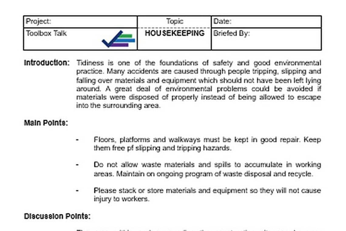 Toolbox Talk on Housekeeping in Premises or Construction Sites Etsy
