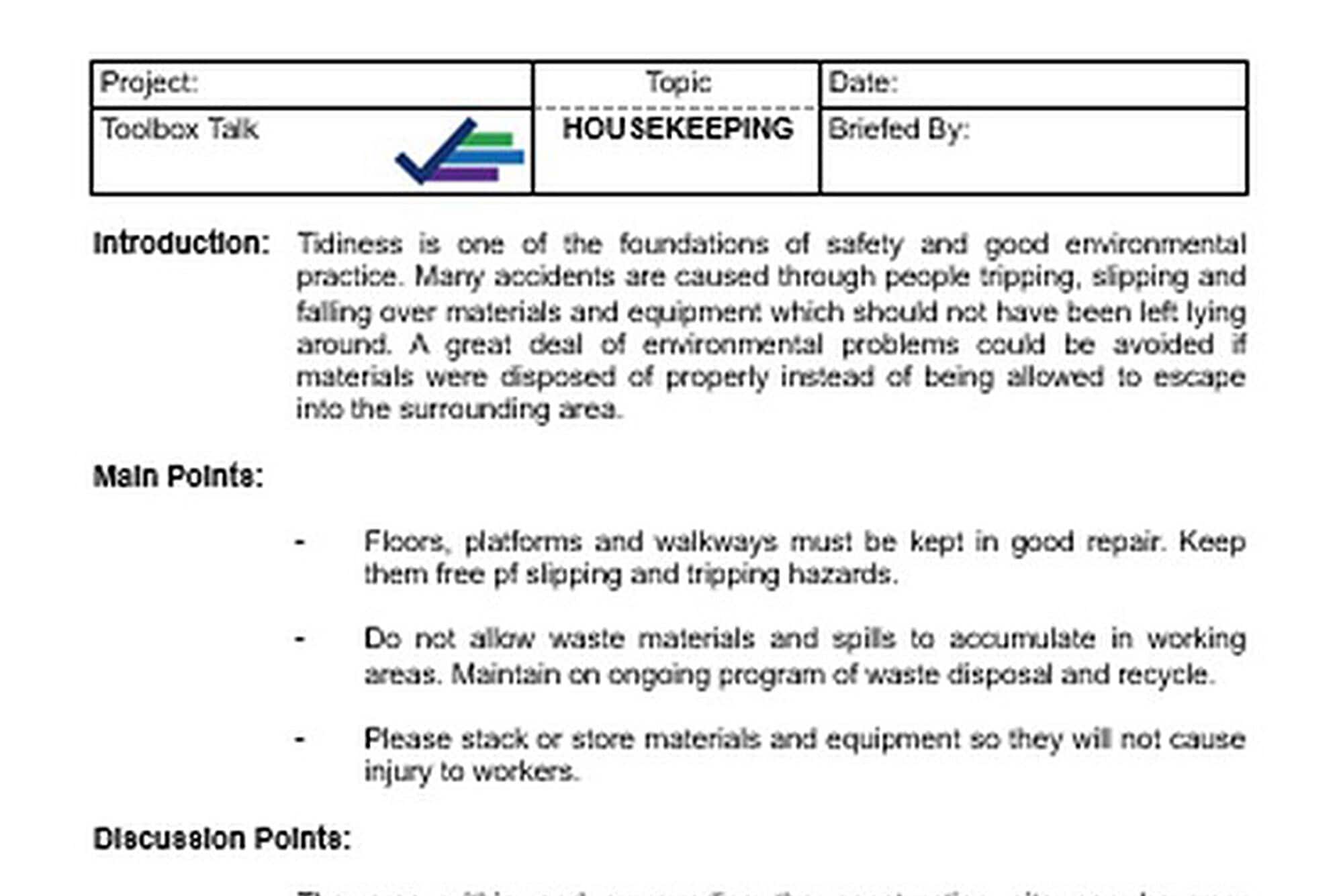 Toolbox Talk on Housekeeping in Premises or Construction Sites Etsy
