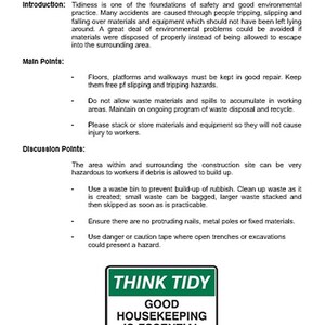 以下が含まれることがあります： 「Think Tidy」と「Good Housekeeping is Essential to Safety」と書かれた緑と白の看板。職場を清潔で安全に保つように促す看板です。