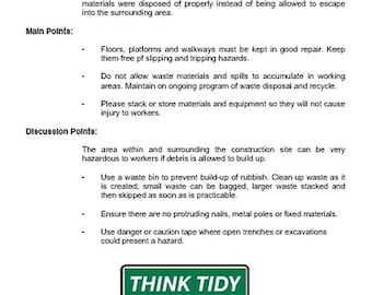 Toolbox Talk on Housekeeping in Premises or Construction Sites