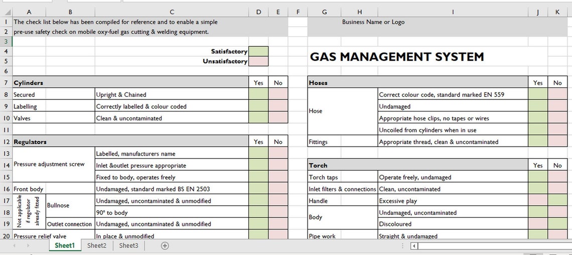 Gas Equipment Checklist | Business Templates | Excel Templates | Gas ...