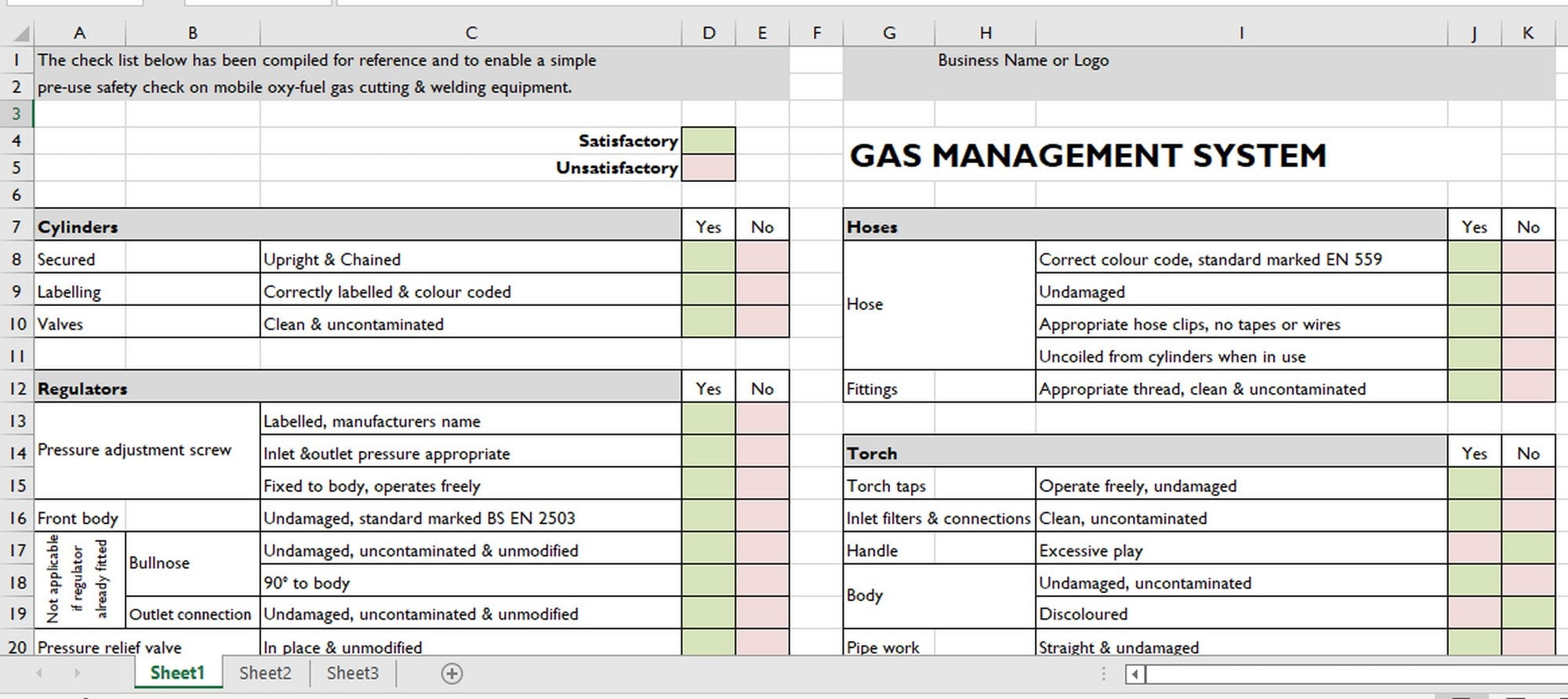 Gas Equipment Checklist Business Templates Excel Templates Gas