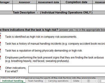 Manual Handling Assessment, Excel File, Workplace Requirement