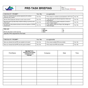 May include: A pre-task briefing checklist form with sections for checklist items, risk level, specific PPE required, and sign-off. The form includes yes/no questions and space for notes.