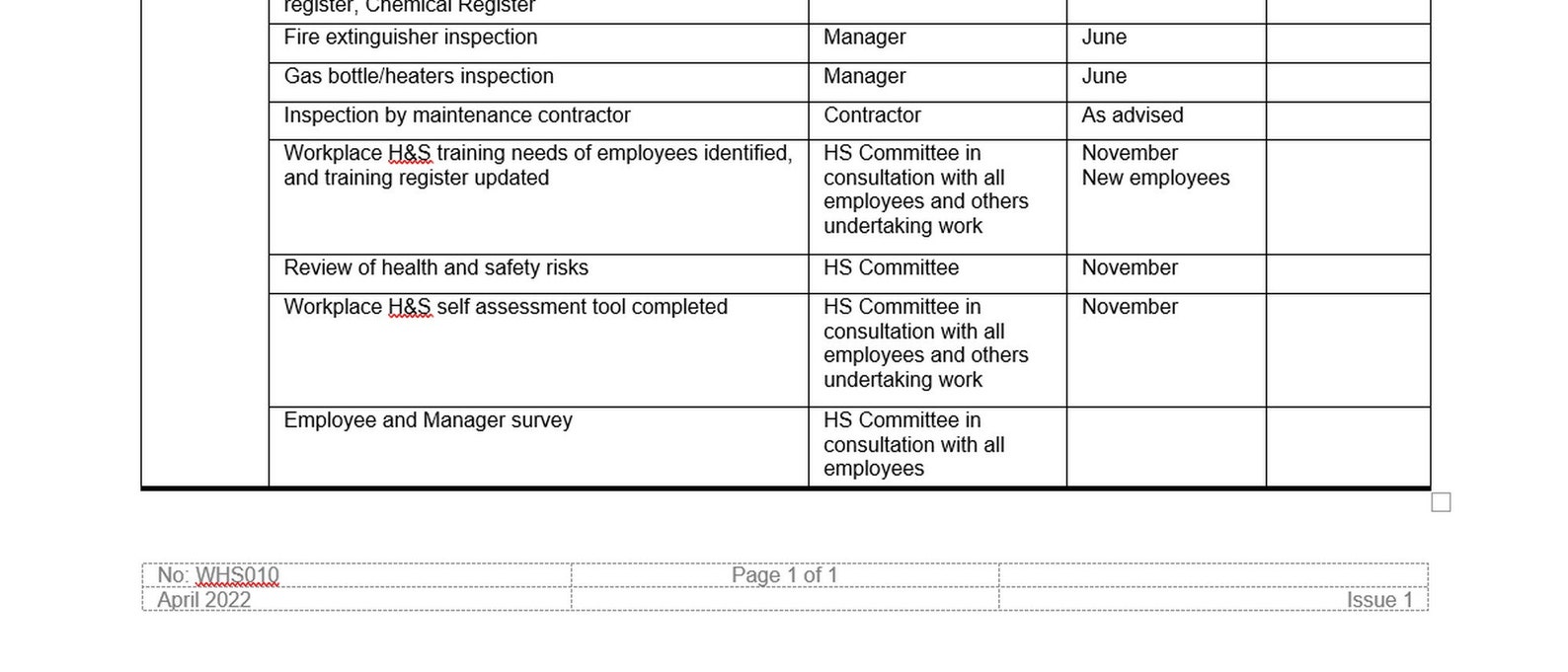 Sample Safety Calendar, Workplace H&S Planner, Word Template, Word Doc