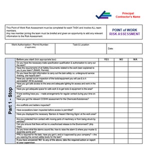 May include: A point of work risk assessment form with a checklist of safety questions. The form is divided into three columns: YES, NO, and N/A. The form is titled "Point of Work Risk Assessment".