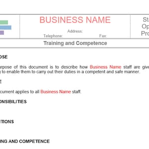 Può includere: Un documento che delinea una procedura di formazione e competenza per il personale di Business Name. Il documento include sezioni su scopo, ambito, responsabilità, definizioni e formazione e competenza.