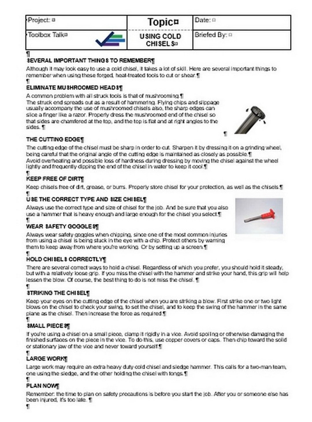 Toolbox Talk on Using Cold Chisel - Etsy