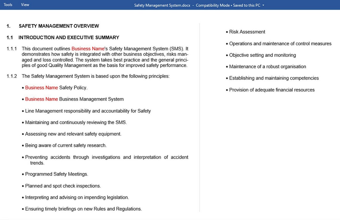 Safety Management System Template, Overview, Information, Guidance ...