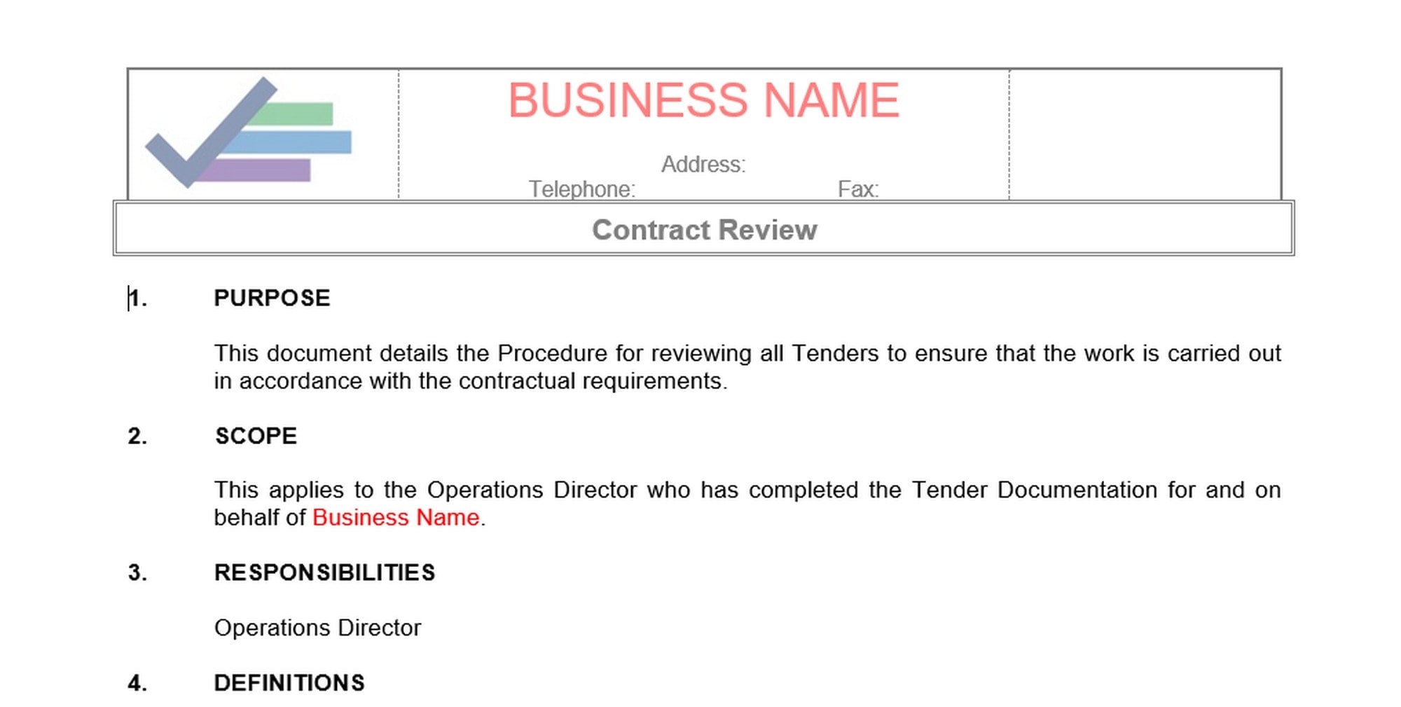 Contract Review SOP – Business Procedure, Word Template - Etsy
