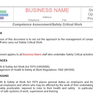 Puede incluir: Un documento titulado "Evaluación de Competencias/Trabajo Crítico para la Seguridad" con el nombre de la empresa en la parte superior. El documento describe el propósito, el alcance y las referencias a las regulaciones de seguridad. Incluye secciones sobre propósito, alcance, referencias y antecedentes.