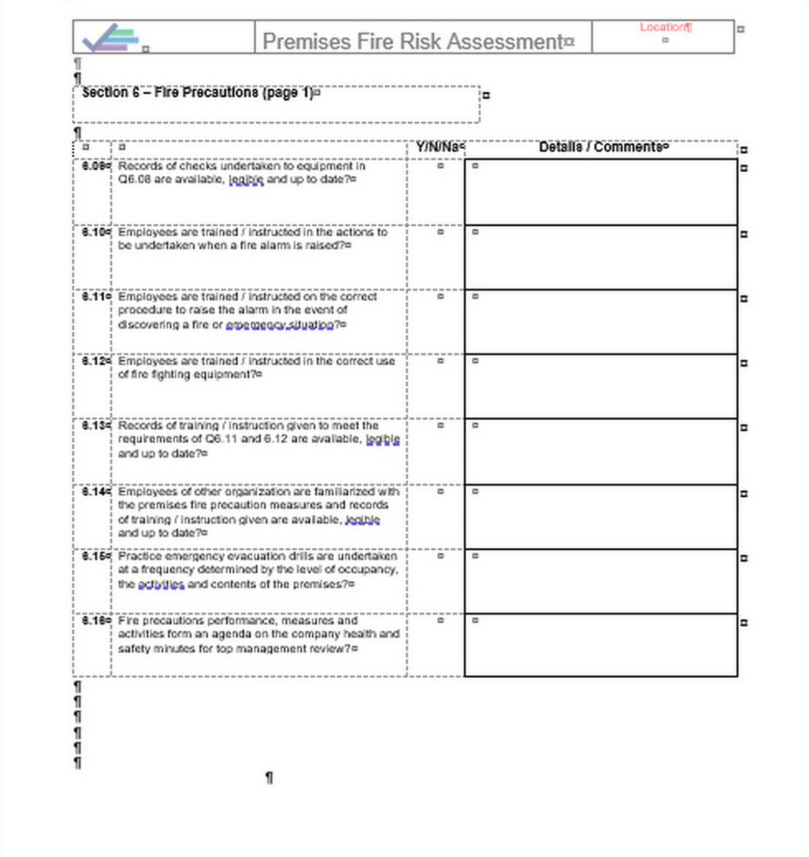 Premises Fire Risk Assessment Template, Word Doc, Business Documentation - Etsy