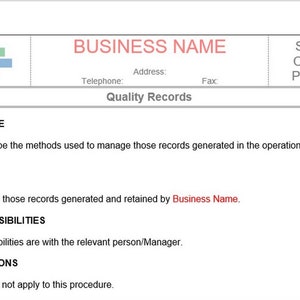 Standard Operating Procedure - Quality Records, Business procedure, Word doc, Word Template