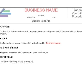 Quality Records SOP – Business Procedure Word Template