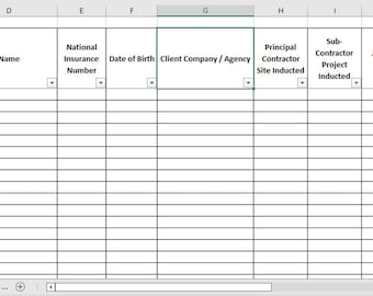 May include: A spreadsheet with column headers for ID No., Grade, National Insurance Number, Date of Birth, Client Company/Agency, Principal Contractor Site Inducted, Sub-Contractor Project Inducted,  IIB Expiry Date, CSCS Card Number, IPAI MEWP License Expiry Date, and MEWP Type.