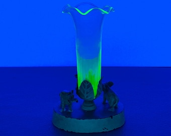Rare Art Deco Crescent Art Metal Works Elephants Bud Vase with Green Vaseline Depression Glass Insert