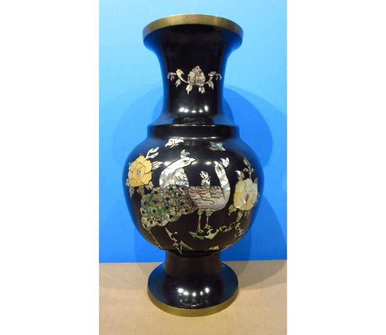 Vintage South Korea Black Lacquered Ornate Brass Vase With Etsy