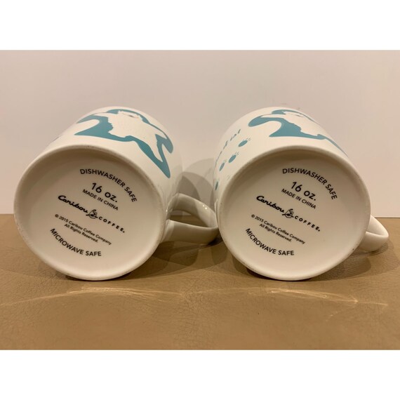 Set of 2 Caribou Coffee Ceramic Travel Mugs snow What Fun It Is Winter  Christmas Themed 16 Oz 