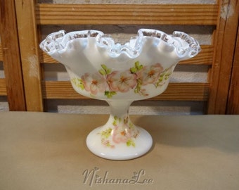 Vintage Fenton Milk Glass Silver Crest Hand Painted Apple Blossom Compote