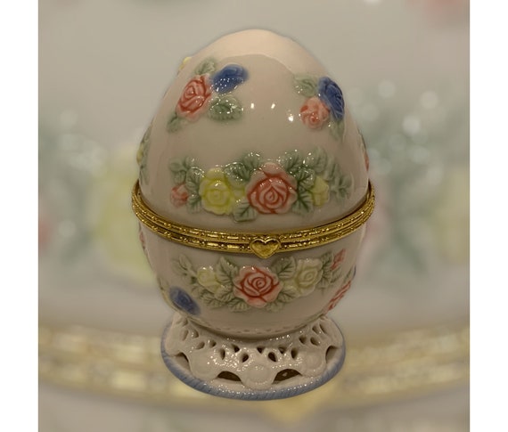 Rare Large Ceramic Porcelain Embossed Floral Egg … - image 1