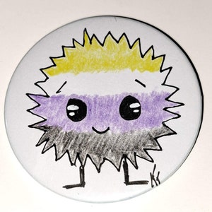 May include: A cartoon drawing of a purple, white, and black spiky creature with a yellow and white spiky hairdo. The creature has a smiling face with large eyes and is standing on two legs.