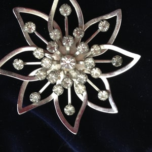 1950's Silver Toned Snowflake Brooch with Pronged Rhinstones image 1