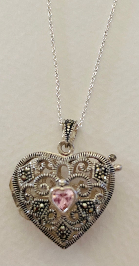 Sterling Silver Marcasite Heart Pendent W/ Pink To